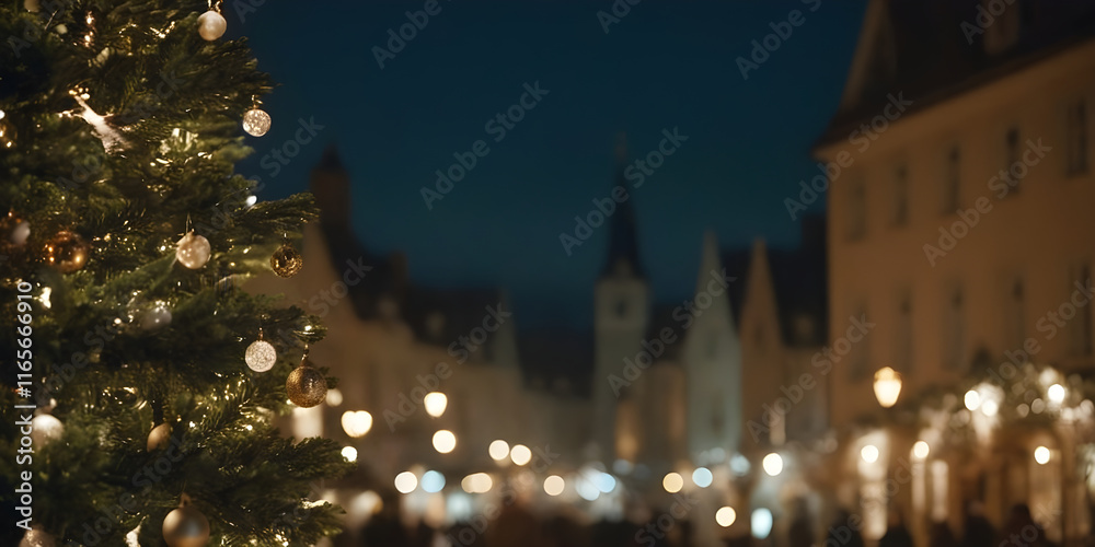 Naklejka premium Christmas tree illuminating european city at night during christmas market