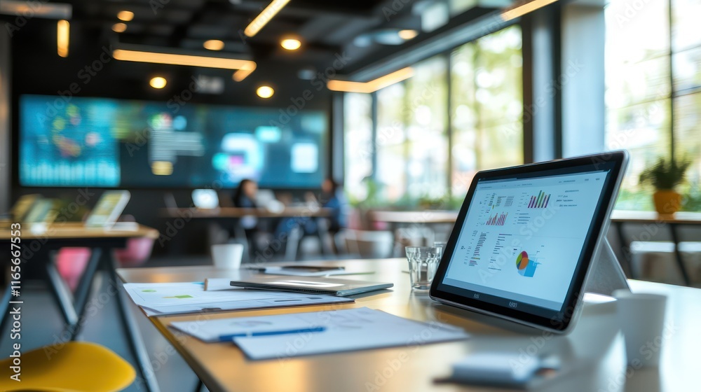 A creative meeting space with digital devices, teamwork plans on screens, and open collaborative areas. A creative meeting space with digital devices, teamwork plans on screens, and open collaborative areas.