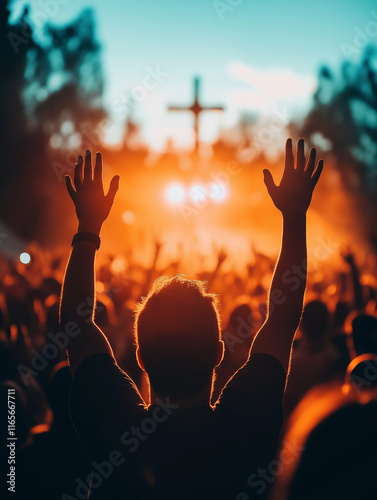 Gläubige Menschen feiern begeistert bei einem spirituellen Konzert

 photo