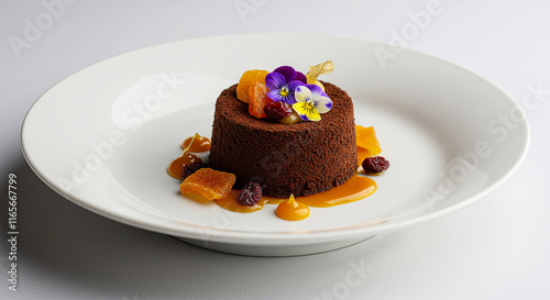 Chocolate dessert plated on a white porcelain dish with dried fruits