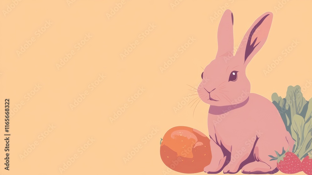 Fototapeta premium Pink Bunny with Fruits and Greens - Pastel Easter Design
