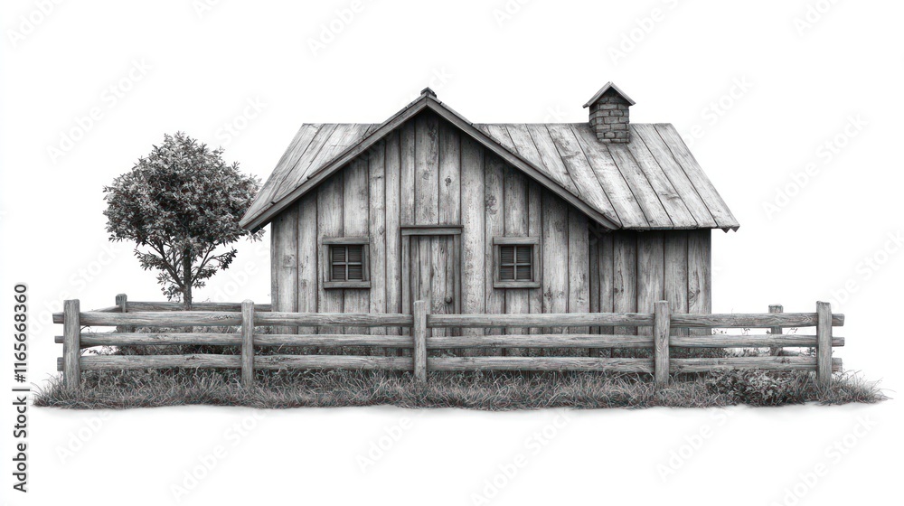 Rustic wooden cabin with fence and tree. Rustic wooden cabin with fence and tree.