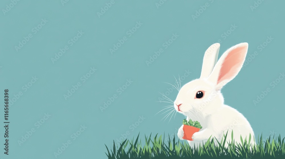 Obraz premium White Bunny Holding Plant Pot in Grass - Pastel Minimalist Design