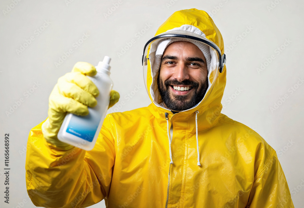 Worker in protective gear holds cleaning solution, smiling confidently, indoors likely in a sanitary-focused environment, highlighting safety and hygiene practices for daily cleaning Worker in protective gear holds cleaning solution, smiling confidently, indoors likely in a sanitary-focused environment, highlighting safety and hygiene practices for daily cleaning