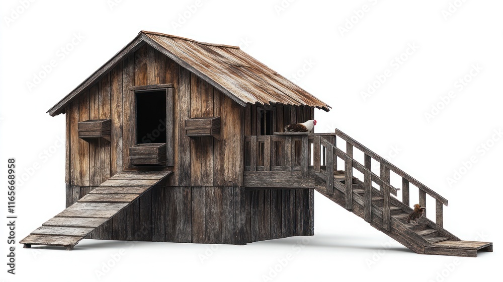 Rustic wooden chicken coop with exterior stairs and roosting hens. Rustic wooden chicken coop with exterior stairs and roosting hens.
