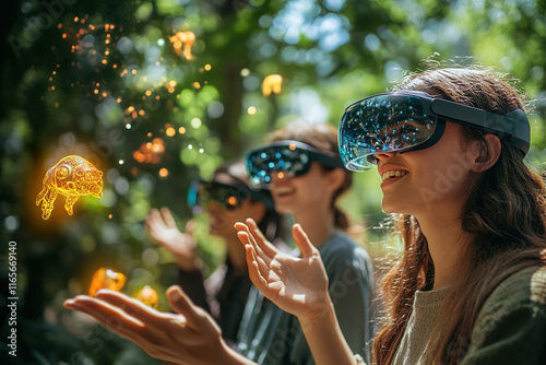 Participants engage in virtual reality experience while exploring nature, showcasing interactive holograms in a forest setting