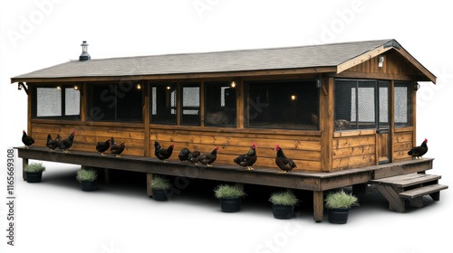 Rustic wooden chicken coop with veranda and chickens.
