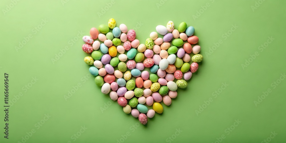 A festive arrangement of colorful speckled easter eggs forming a heart shape on a green background A festive arrangement of colorful speckled easter eggs forming a heart shape on a green background