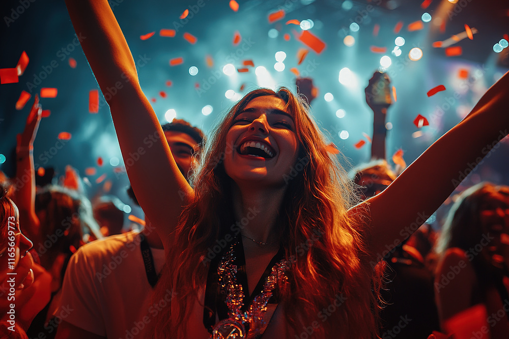 Obraz premium Celebration of joy at a vibrant concert with lively atmosphere and enthusiastic crowd