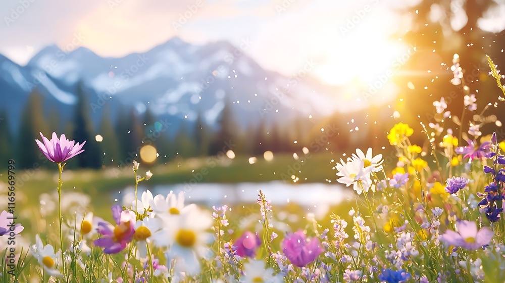 Obraz premium Vibrant wildflowers bloom in a sunny mountain meadow at sunset.