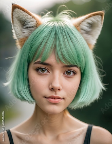 portrait of girl with green hair and foxy ear photo