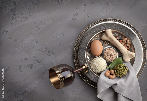 beautifully arranged passover meal on a silver platter, featuring traditional foods and wine, honoring sacred jewish traditions photo