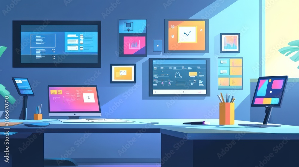 A creative workspace with digital devices, collaboration boards, and colorful visual tools for teamwork. A creative workspace with digital devices, collaboration boards, and colorful visual tools for teamwork.