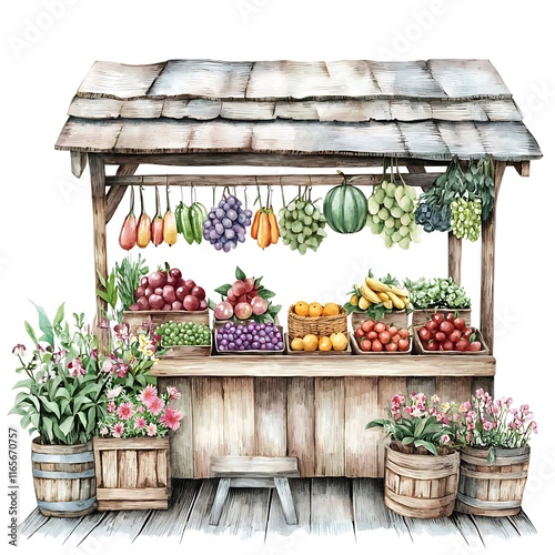 Watercolor painting of a rustic wooden fruit and vegetable stand overflowing with fresh produce and vibrant flowers.