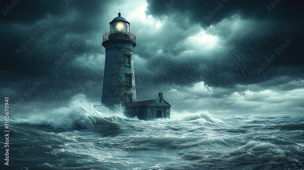 Lighthouse shines, stormy sea rages.