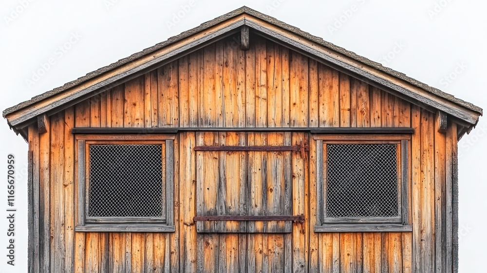 Rustic wooden shed facade with gabled roof, two small windows, and weathered wooden doors. Rustic wooden shed facade with gabled roof, two small windows, and weathered wooden doors.