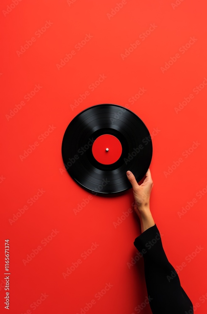 Obraz premium a hand holding a vinyl record, against a solid red background
