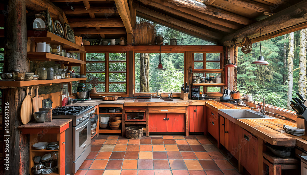 Fototapeta premium Rustic kitchen in a log cabin overlooking a lush forest. Natural wood countertops and cabinets, terracotta tiles, and large windows showcasing stunning nature views.