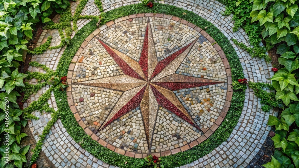 Obraz premium A circular stone mosaic design featuring a star-shaped pattern with red accents surrounded by verdant foliage