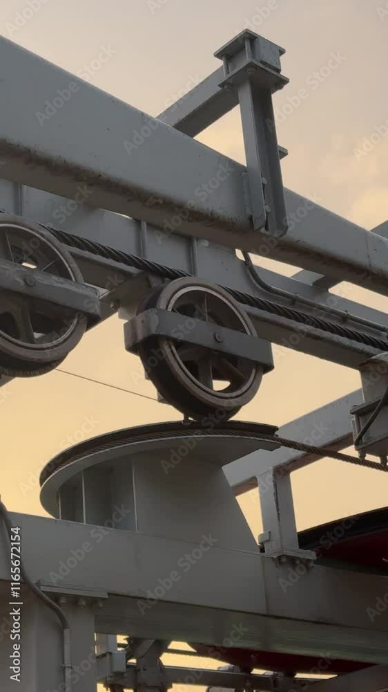 Chairlift Mechanism and Cable Car Pulley System at sunset time. Ski Lift Close Up of wheels with cable with chairlift(cable car) passing by. Chairlift Mechanism and Cable Car Pulley System at sunset time. Ski Lift Close Up of wheels with cable with chairlift(cable car) passing by.