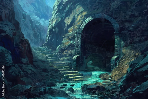 Mysterious stone ruins in a deep underground cavern with a glowing river flowing through it photo