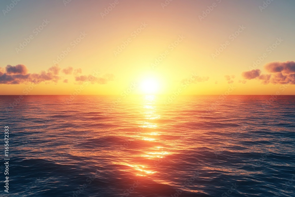 Fototapeta premium Ocean sunset over the horizon casts a warm golden glow across the calm rippling water surface providing an ideal atmospheric background for digital marketing projects and creative design.