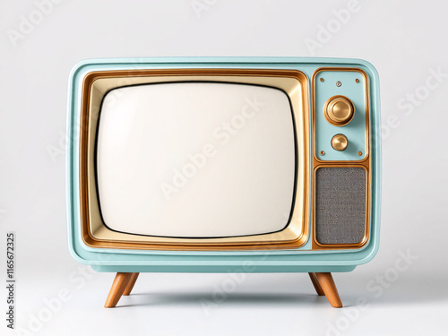 Vintage mint TV with wooden legs, retro home decor. photo