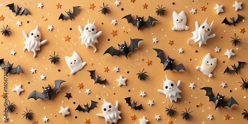 A whimsical Halloween pattern featuring bats, ghosts, cats and spiders on a festive orange background photo