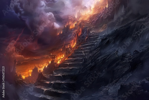 Desolate volcanic rocky mountain path to hellish fiery underworld photo