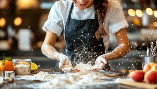 Baker s Joy Woman Smiling While Baking in a Flour-Filled Kitchen, Surrounded by Fresh Ingredients photo