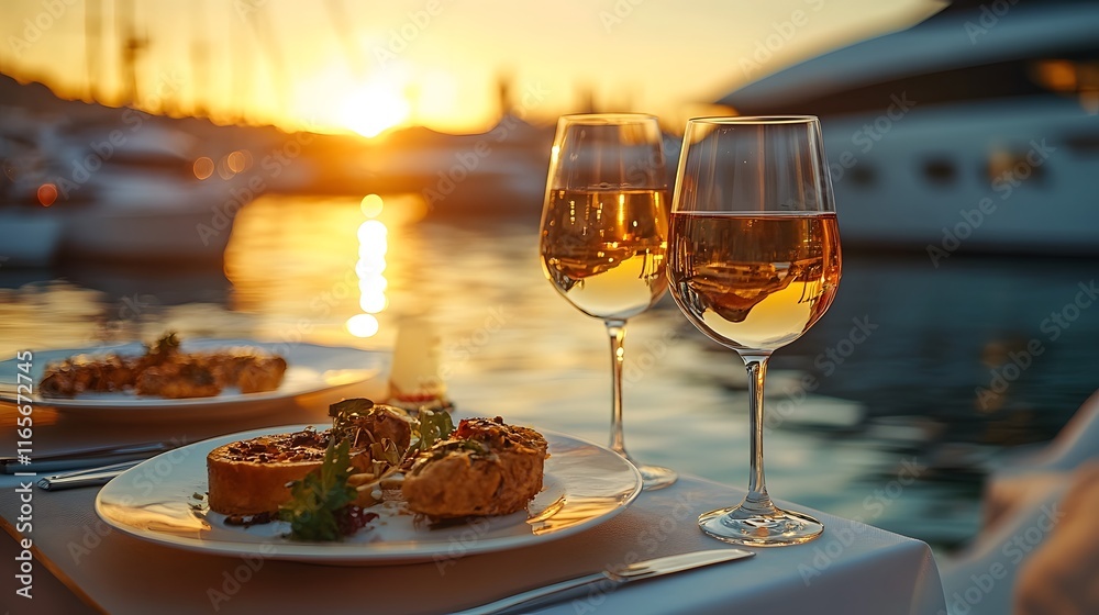 Luxury dining setup on a yacht deck with wine glasses and gourmet food, illuminated by sunset golden hour lighting. The blurred marina background and bokeh effect create a restaurant atmosphere. Luxury dining setup on a yacht deck with wine glasses and gourmet food, illuminated by sunset golden hour lighting. The blurred marina background and bokeh effect create a restaurant atmosphere.