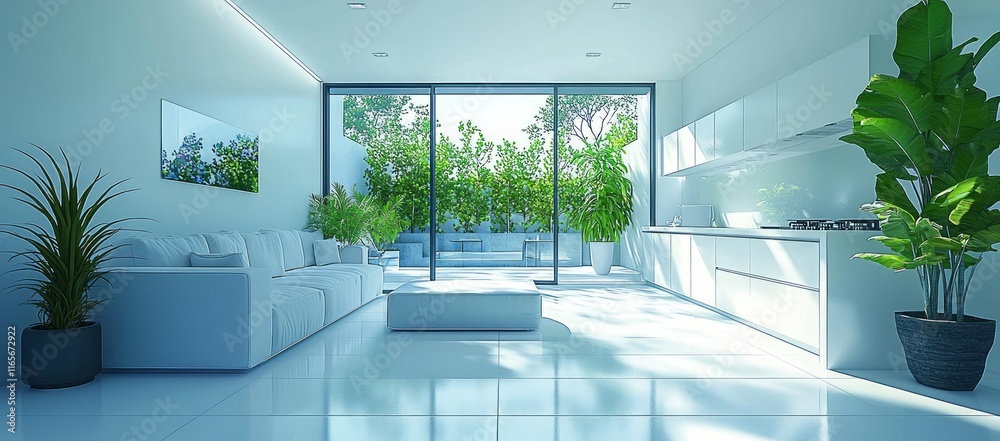 Fototapeta premium Modern bright open-plan living room with white furniture, large window showing lush greenery.