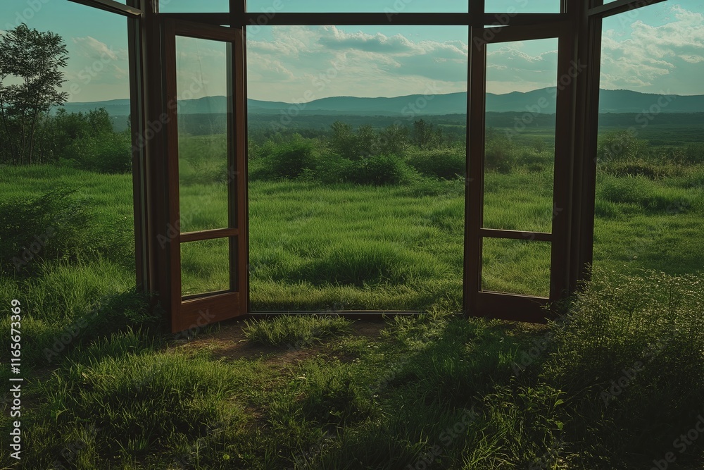 Fototapeta premium A house with doors and windows leading to open skies instead of rooms.