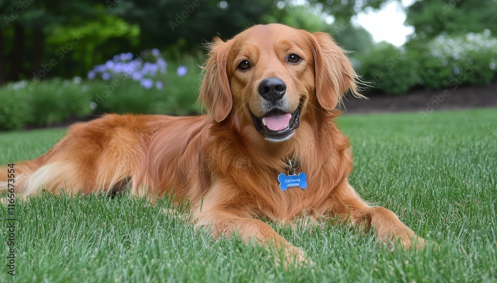 Happy Golden Retriever Relaxing on Lush Green Grass. Perfect for Pet Care or Outdoor Lifestyle Happy Golden Retriever Relaxing on Lush Green Grass. Perfect for Pet Care or Outdoor Lifestyle
