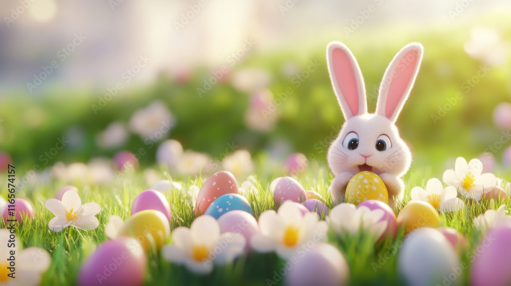 Obraz premium Bunny and easter egg concept. cute bunny surrounded by colorful Easter eggs and flowers in sunny meadow