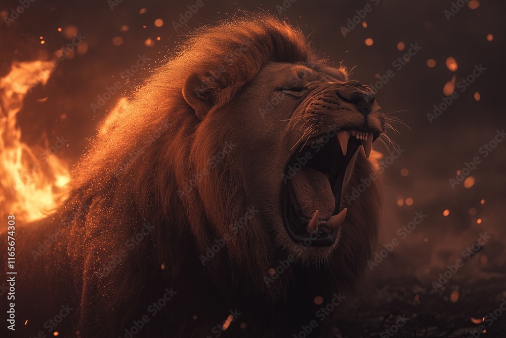 Naklejka premium A lion with a mane made of fire, roaring silently in the middle of a frozen tundra