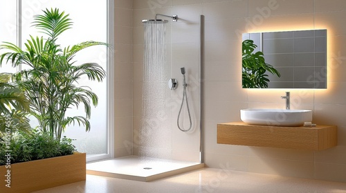 [modern bathroom fixtures stylish walkin] Contemporary Bathroom Interior with Lush Greenery and Natural Light
