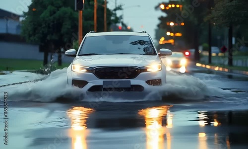 Car Driving on Flooded Street with Water Splashes During Heavy Rain