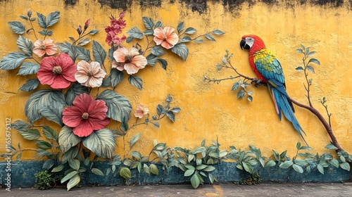 Colorful parrot and flowers mural on yellow wall. photo