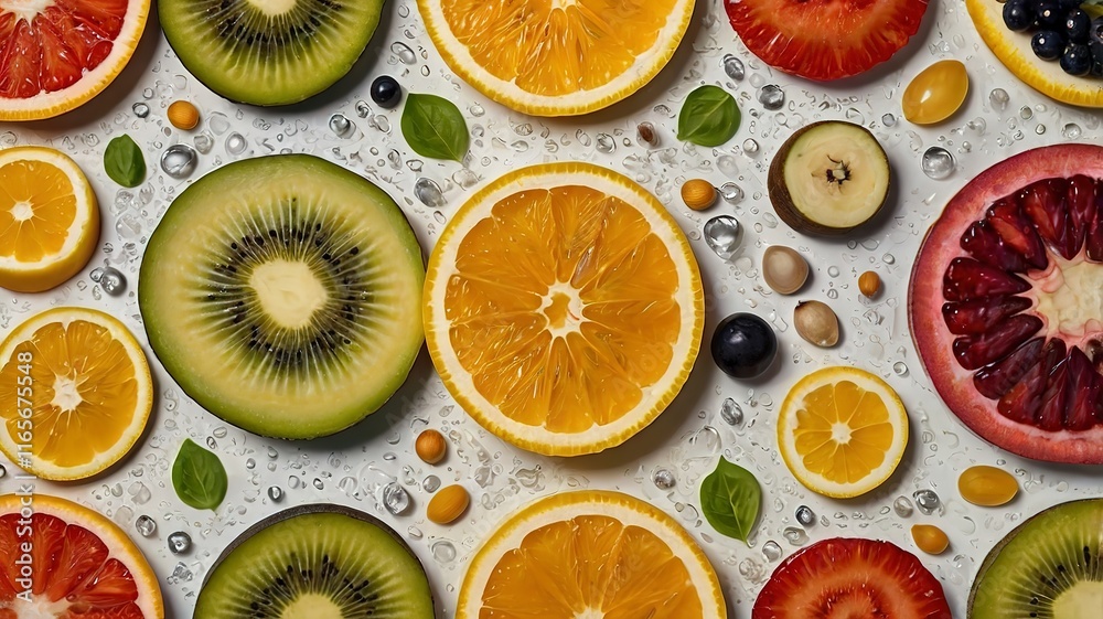 Fruit and water splashes isolated on a white background, with a dynamic and colorful composition Fruit and water splashes isolated on a white background, with a dynamic and colorful composition