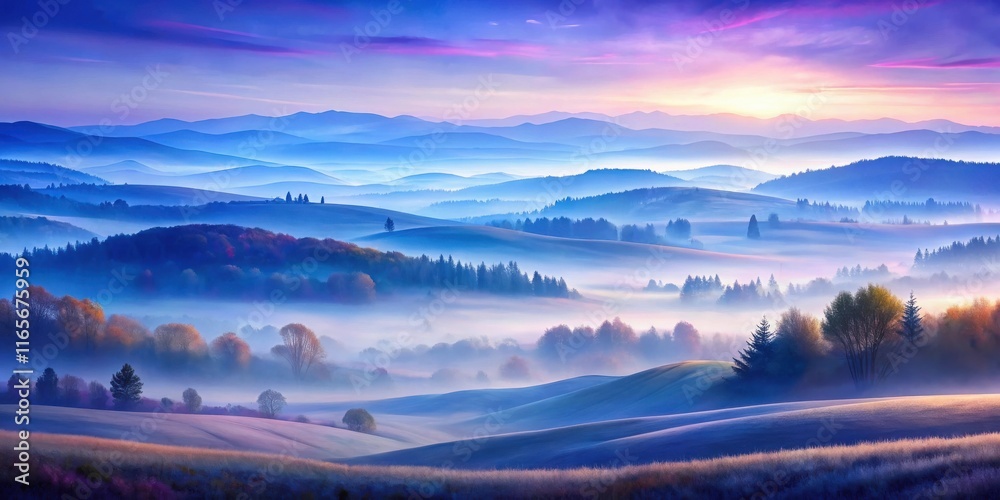 Fototapeta premium A Serene Landscape of Rolling Hills Bathed in Soft Morning Mist, Where Blue Hues of the Sky Blend Seamlessly with the Misty Landscape