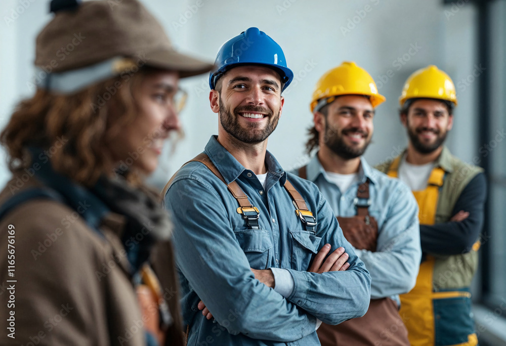 Four construction workers smiling confidently while wearing safety helmets and work attire in an industrial setting during daylight hours Four construction workers smiling confidently while wearing safety helmets and work attire in an industrial setting during daylight hours