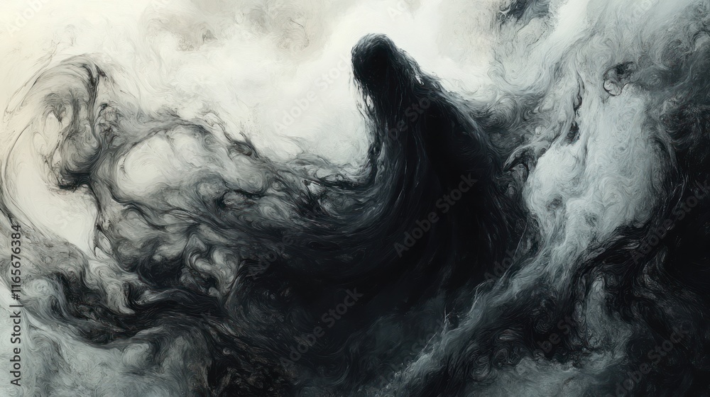 Dark figure emerges from swirling, smoky chaos. Dark figure emerges from swirling, smoky chaos.
