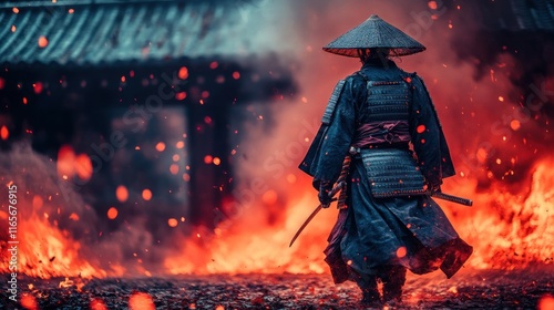 Samurai warrior in battle, amidst fire and smoke.