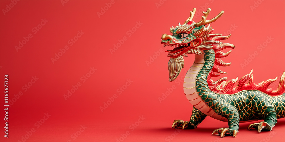 Fototapeta premium cute dragon with minimalist design and blank red background with chinese new year ornaments. lot of empty space for copy space, chinese new year celebration