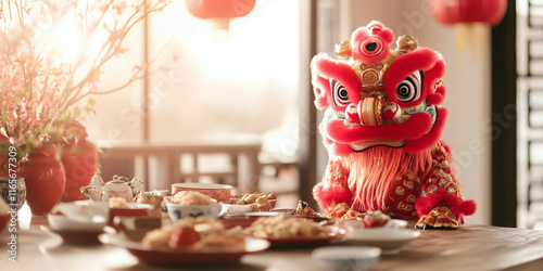 cute lion dance on the table with many food and minimalist design on blur background. lot of empty space for copy space, chinese new year celebration photo