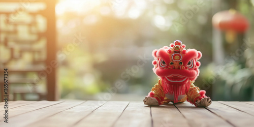 cute lion dance on the table with hanging red lanterns in golden hour ambience, minimalist design on blur background. lot of empty space for copy space, chinese new year celebration photo