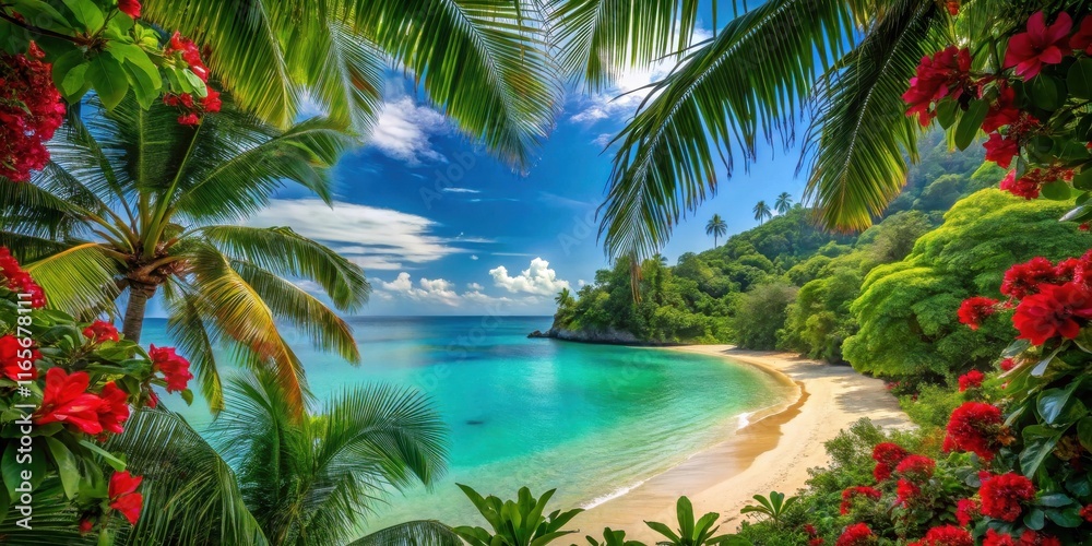 Fototapeta premium A Tropical Paradise Revealed Through Lush Foliage with Bright Red Flowers Framing a Secluded Beach and Crystal Clear Turquoise Waters