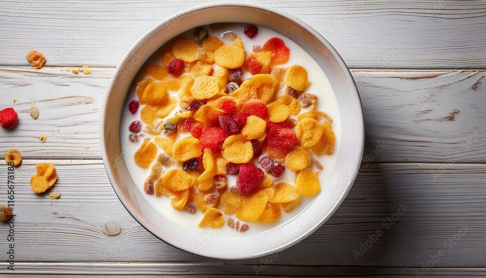photo of cereal with milk, served in a simple white bowl. Colorful cereals photo of cereal with milk, served in a simple white bowl. Colorful cereals