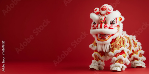 cute lion dance with minimalist design and blank red background. lot of empty space for copy space, chinese new year celebration
